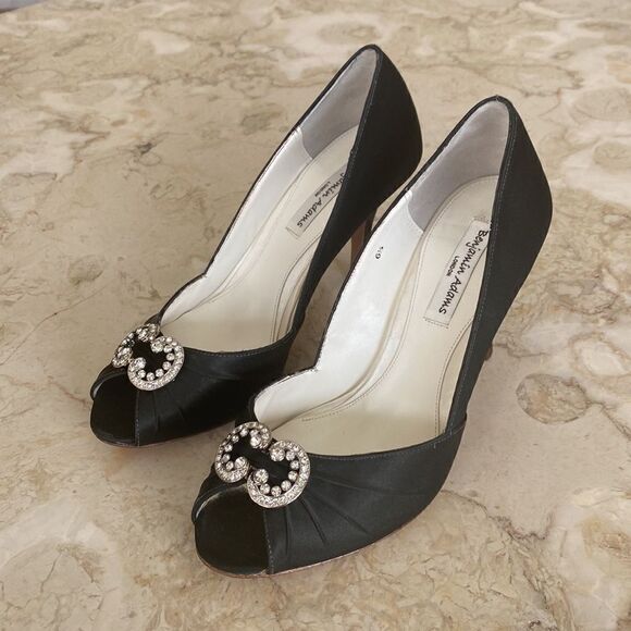 Benjamin Adams London Black Satin & Swarovski Crystals Peep Toe Evening Heels - Picture 3 of 16